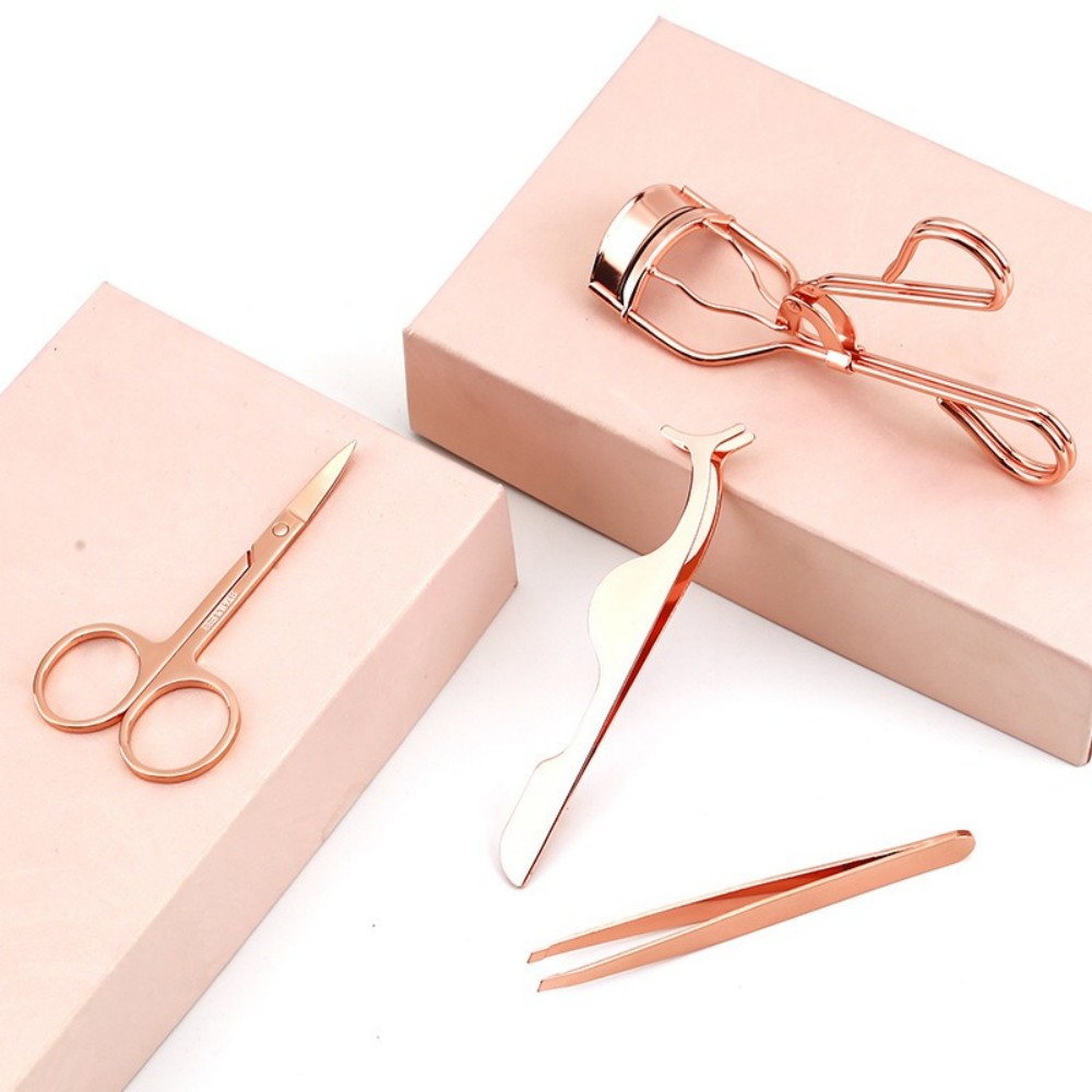 High-quality Stainless Steel Eyelash Curler 3-piece Set Gold Eyelash Extensions Tweezers Small Scissors Eyebrow Curler Includes