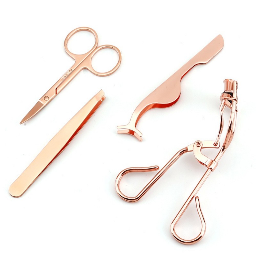 High-quality Stainless Steel Eyelash Curler 3-piece Set Gold Eyelash Extensions Tweezers Small Scissors Eyebrow Curler Includes view 2