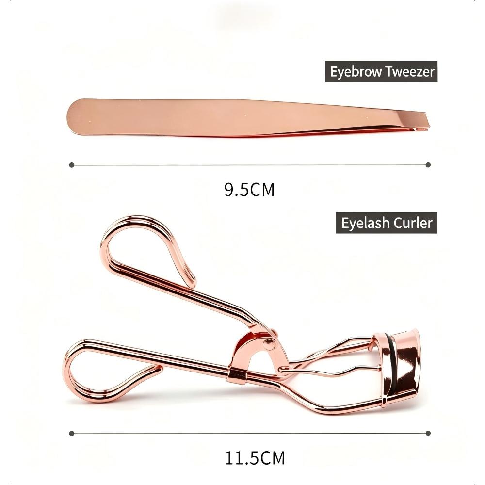 High-quality Stainless Steel Eyelash Curler 3-piece Set Gold Eyelash Extensions Tweezers Small Scissors Eyebrow Curler Includes view 4