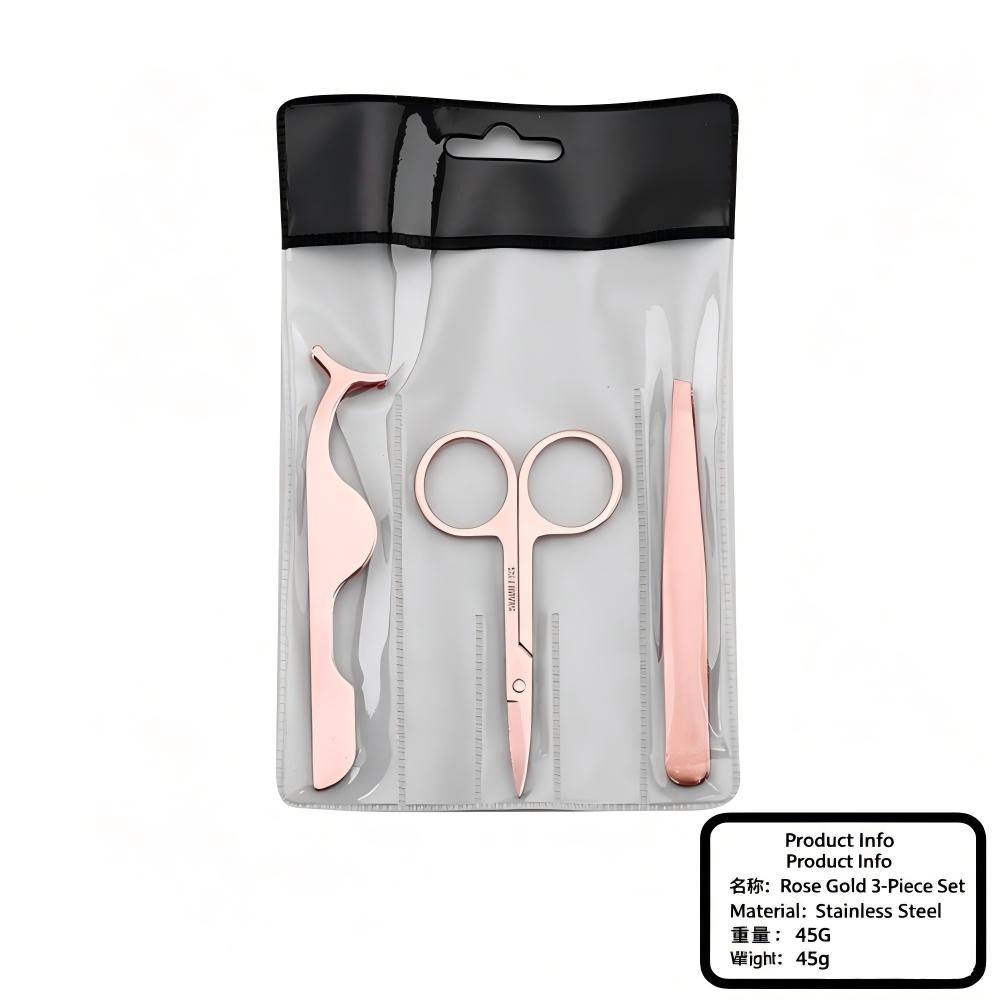 High-quality Stainless Steel Eyelash Curler 3-piece Set Gold Eyelash Extensions Tweezers Small Scissors Eyebrow Curler Includes view 10