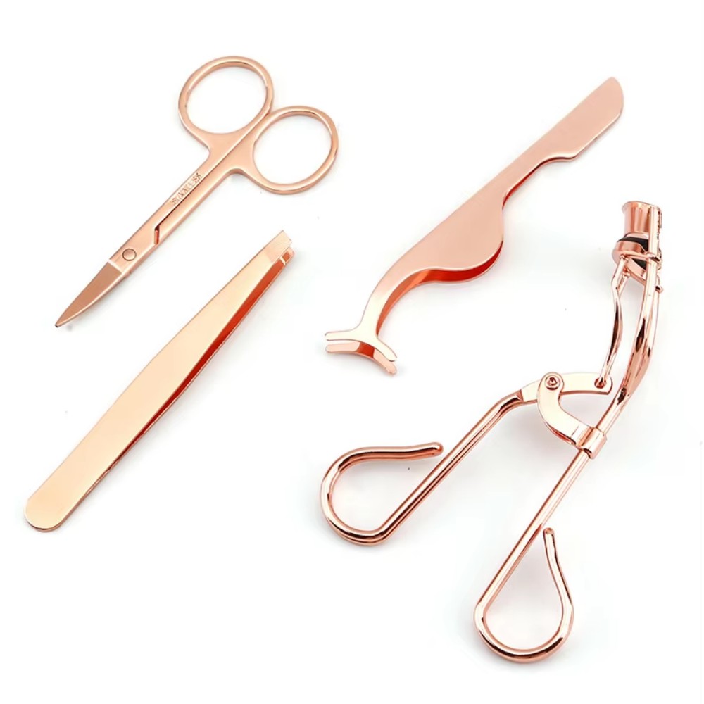 High-quality Stainless Steel Eyelash Curler 3-piece Set Gold Eyelash Extensions Tweezers Small Scissors Eyebrow Curler Includes view 8
