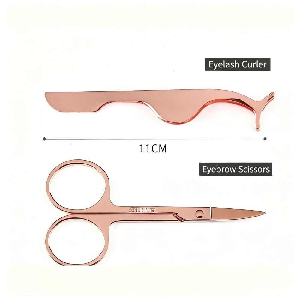 High-quality Stainless Steel Eyelash Curler 3-piece Set Gold Eyelash Extensions Tweezers Small Scissors Eyebrow Curler Includes view 5
