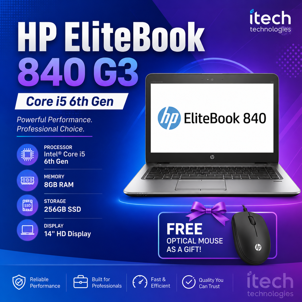Refurbished HP EliteBook 840 G3 Core i5 6th Gen 8GB RAM 256GB SSD 14 Inches 2.6GHz up to 3.0GHz Dual Core Processor Windows 11 Pro Ultra Slim Refurbished laptop + Free mouse