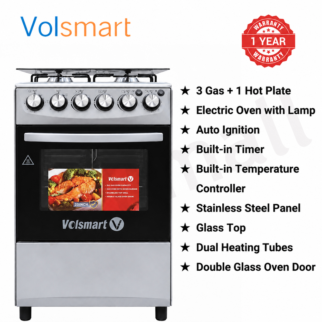 Volsmart 3 Gas + 1 Electric 4 Burners Dual Heating Automatic Ignition GVS-581 Free Standing Gas Cooker Cooking Range with 60L Oven