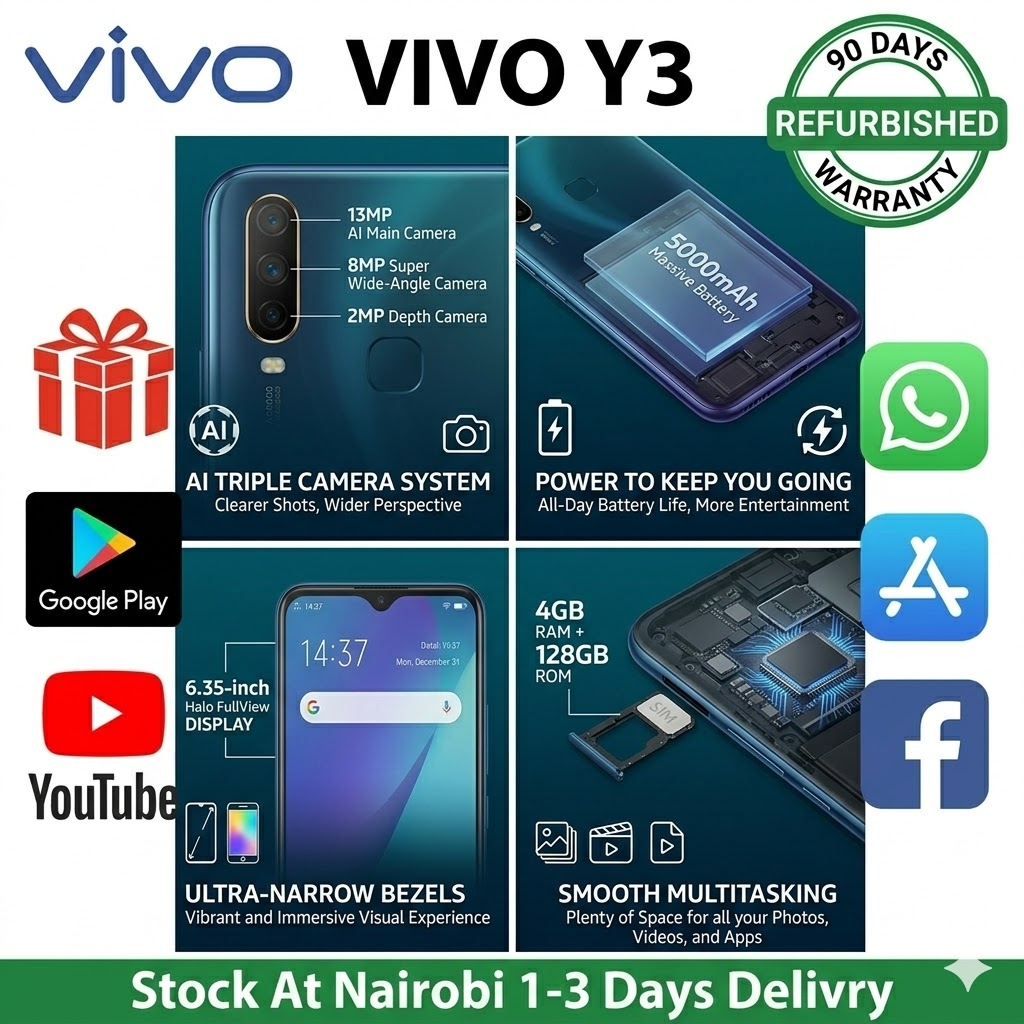 Refurbished VIVO Y3 Smartphone - 6.35" HD Display, 5000mAh Massive Battery, 64GB/128GB
ROM, Dual SIM, 13MP Dual Camera, 4G LTE Android Phone