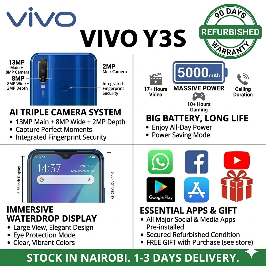Refurbished VIVO Y3s Smartphone - 6.35" HD Display, 5000mAh Massive Battery, 64GB/128GB
ROM, Dual SIM, 13MP Dual Camera, 4G LTE Android Phone