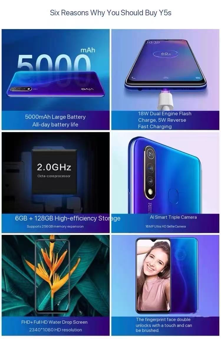 Refurbished Vivo Y19  Vivo  Y5S smartphone  6GB RAM + 128GB storage  5000mAh large-capacity battery  6.53-inch HD screen  16MP ultra-clear triple camera  suitable for daily use  live streaming