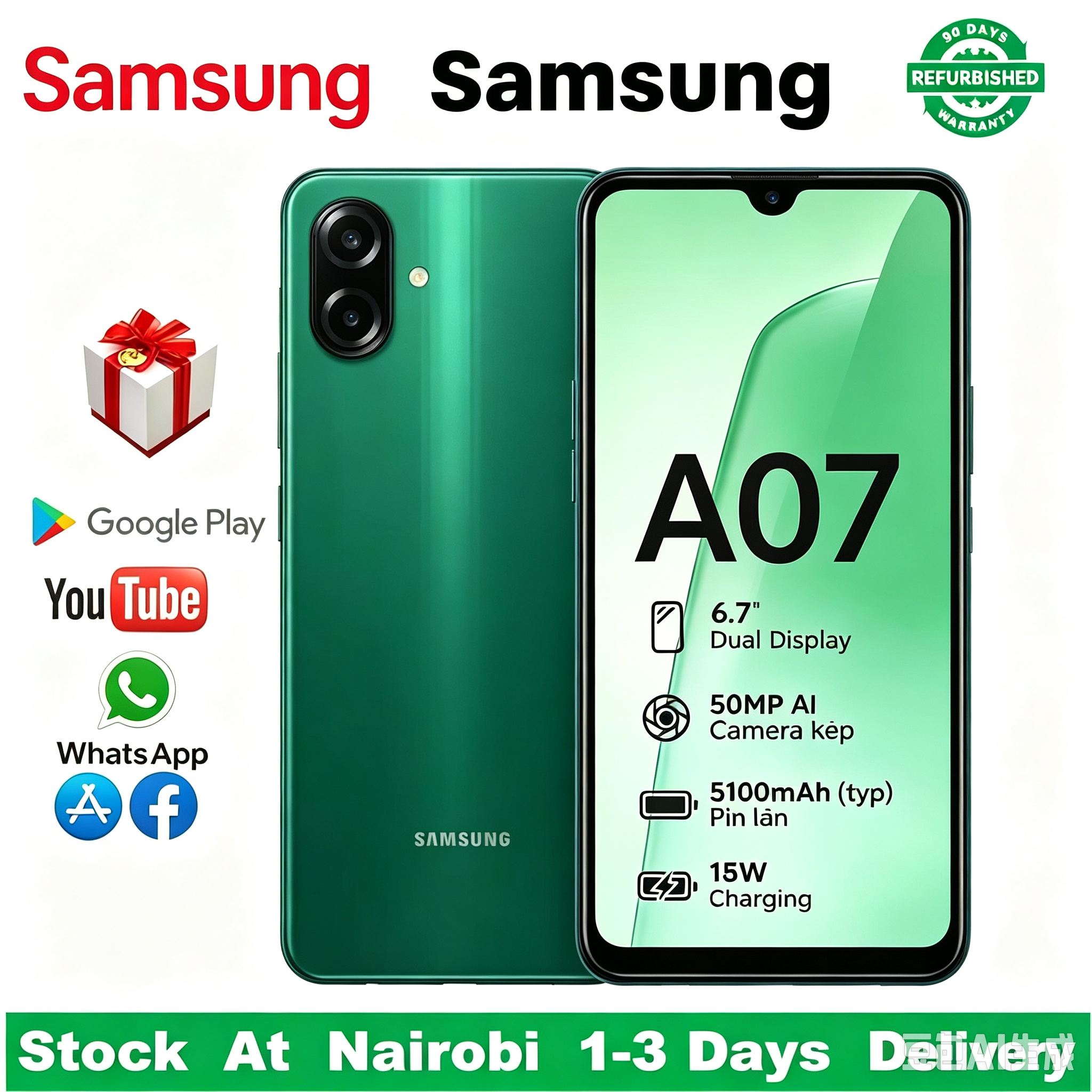Refurbished Samsung Galaxy A07  128GB  6.7-inch  90Hz  50MP AI camera  25W fast charge  Samsung A07 smartphone