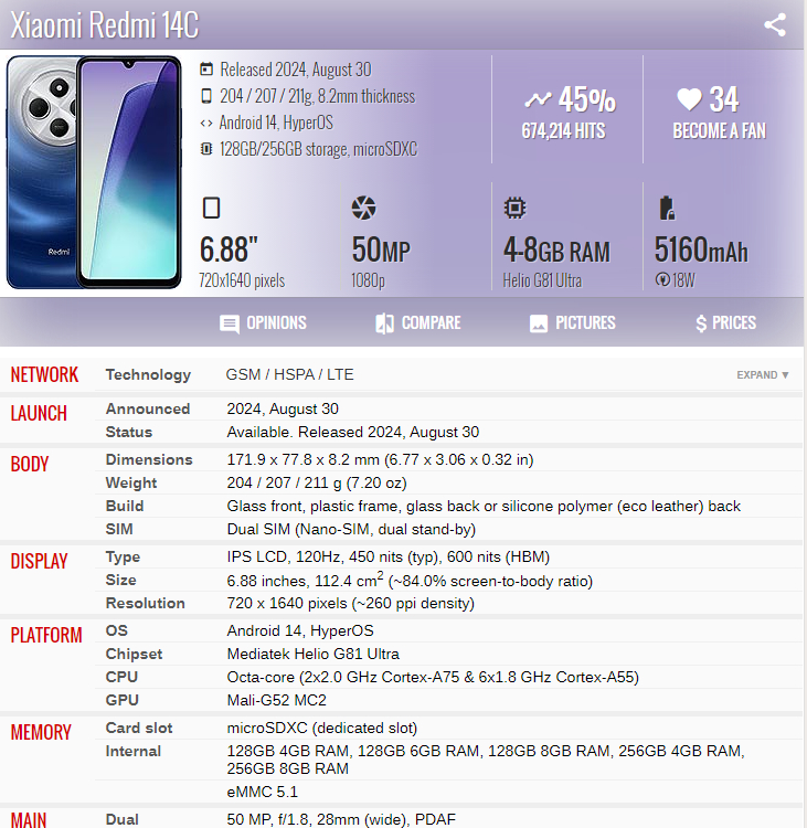 Refurbished Phones Redmi 14C 4G Mobile Phone 6.88 inch 120Hz Screen 5160mAh Battery Helio G81-Ultra Unlocked Android Smartphone Wholesale
