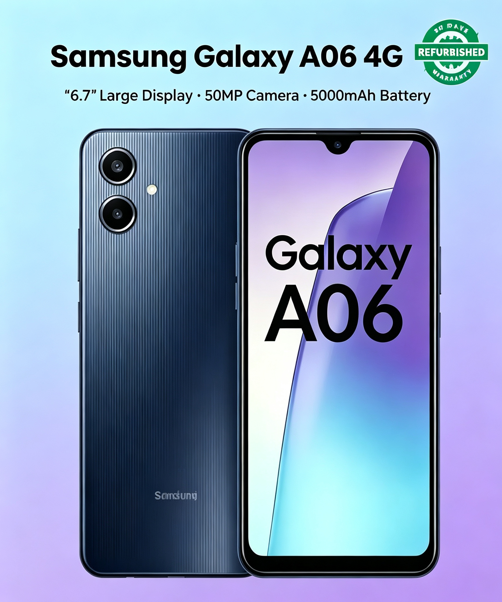 Refurbished Samsung A06  6.7-inch  90Hz  50MP camera  Android 14 smartphone  Samsung A06