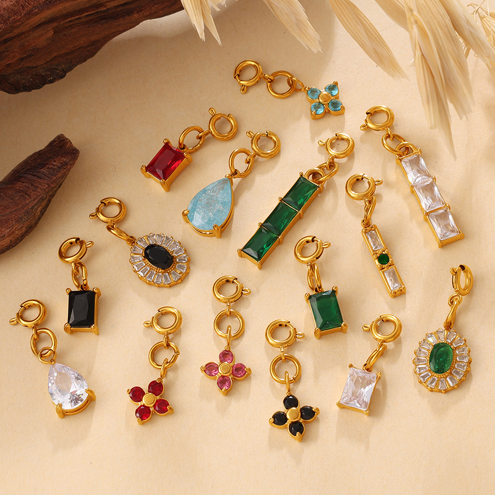 Stainless Steel Spring Ring Clasp with Zircon Clover Charm, 18K Gold Plated, Detachable DIY Jewelry Connector for Bracelet Necklace Making