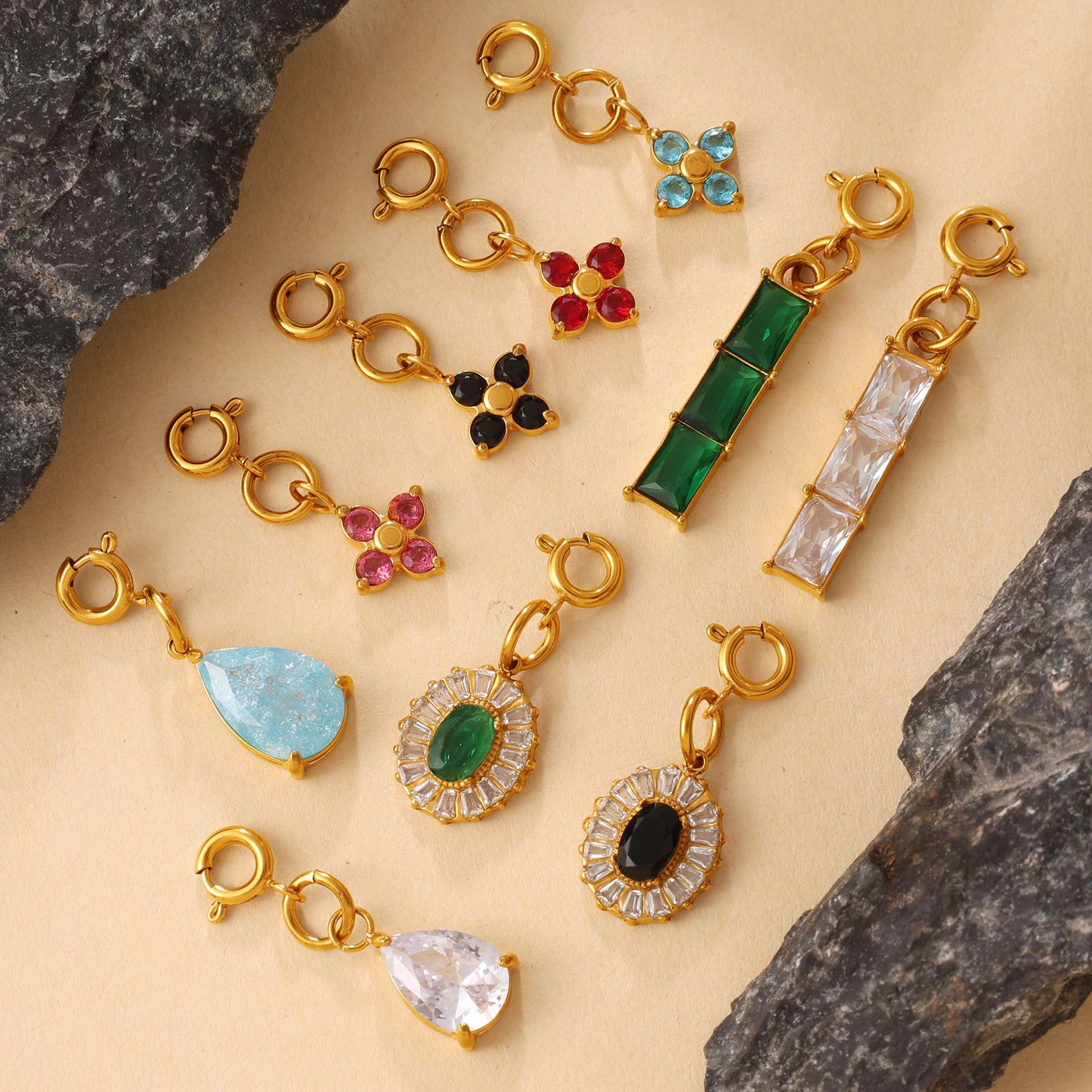 Stainless Steel Spring Ring Clasp with Zircon Clover Charm, 18K Gold Plated, Detachable DIY Jewelry Connector for Bracelet Necklace Making