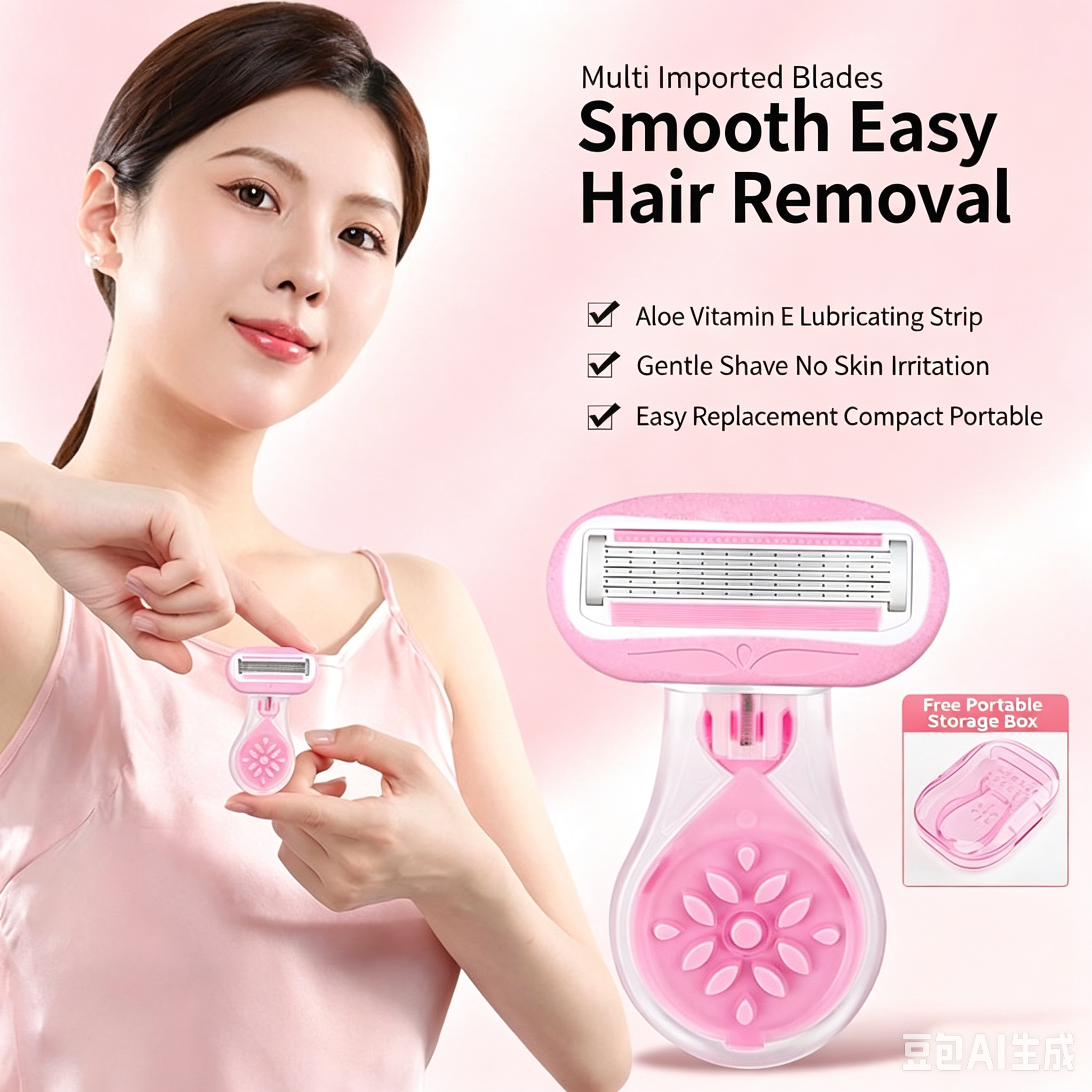 Women Multi Blades Manual Hair Removal Razor Aloe Vitamin E Lubricating Strip Portable Shaver For Leg Armpit Bikini Pink With Storage Box