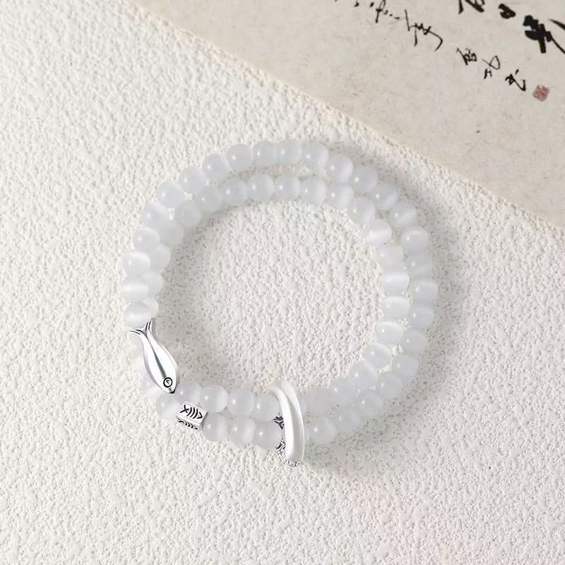 Koi Fish Couple Beaded Bracelet Set Black White Stone Beads Minimalist Niche Luxury Wrist Jewelry Promise Gift for Him Her