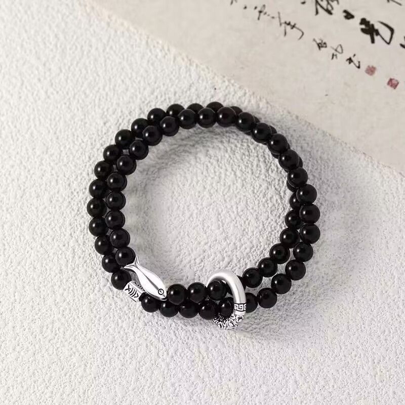 Koi Fish Couple Beaded Bracelet Set Black White Stone Beads Minimalist Niche Luxury Wrist Jewelry Promise Gift for Him Her