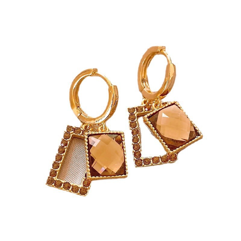 French High‑Grade Champagne Cubic Zirconia Geometric Square Dangle Hoop Earrings For Women Super Flash Trendy Daily Party Jewelry