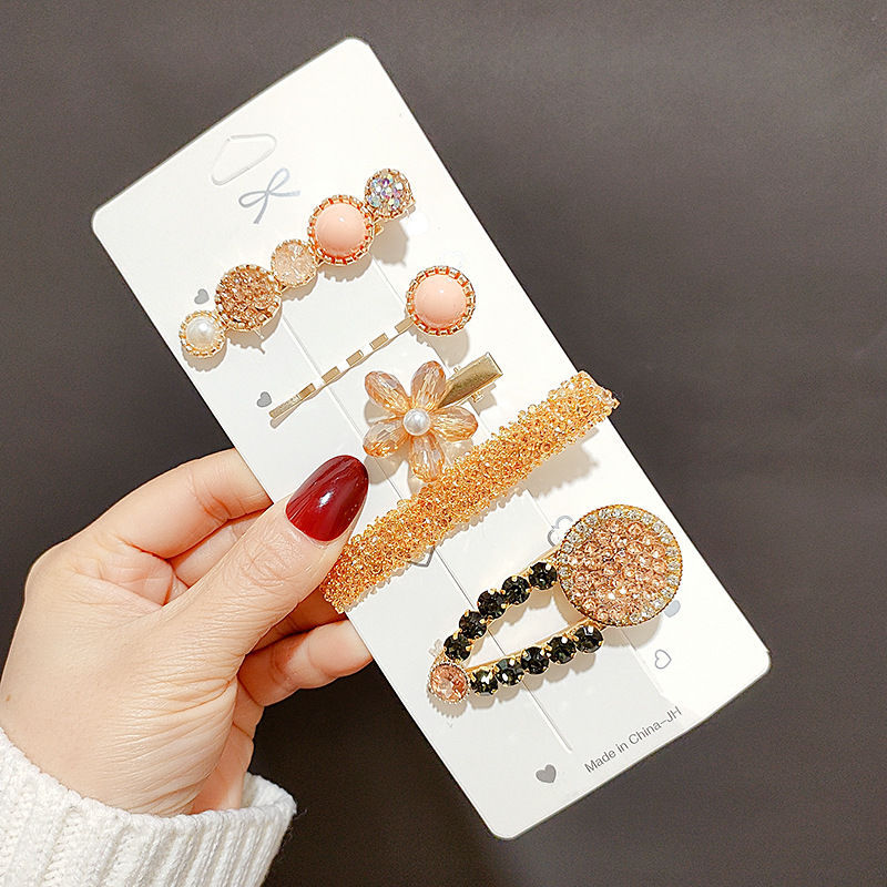 Women 6Pcs Korean Style Hair Clips Set, Candy Color Pearl Rhinestone Geometric Hair Barrettes, Sweet Crystal Hairpins Girls Side Hair Accessories