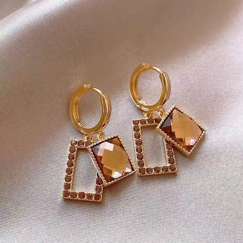 French High‑Grade Champagne Cubic Zirconia Geometric Square Dangle Hoop Earrings For Women Super Flash Trendy Daily Party Jewelry