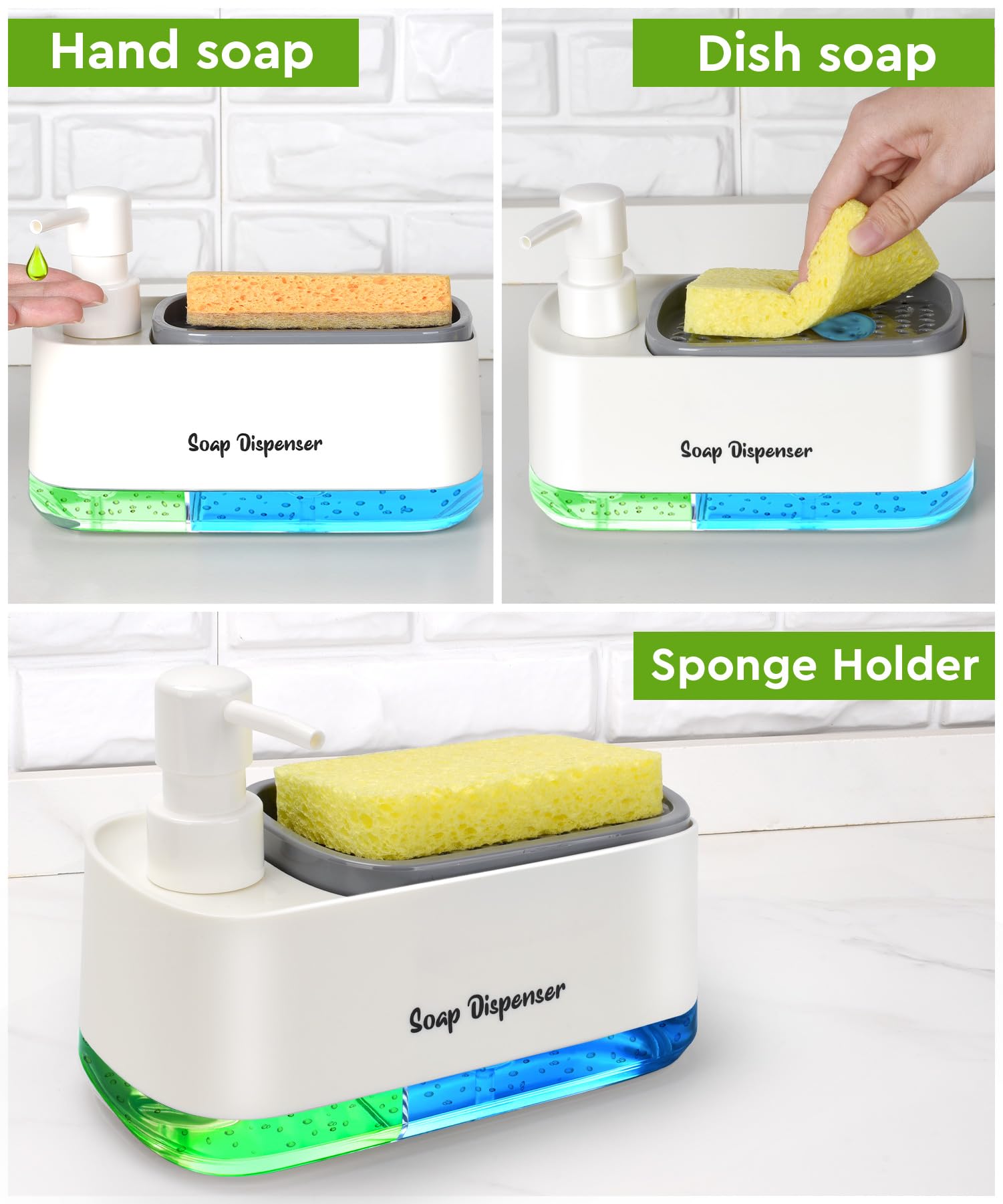SOAP DISPENSER 2 compartment soap tap double soap pump sponge caddy dish cleaning kit