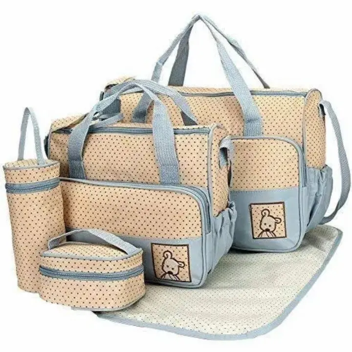 5 in 1 Baby Diaper Bag Set – Large Capacity Organizer with Bottle Holder, Food Bag, Nappy Pad & More | Durable, Stylish & Multi-Functional (Microfiber PVC)