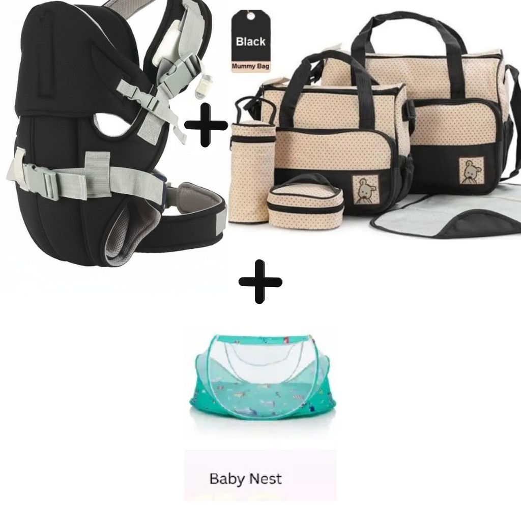 the ultimate trio for parents who refuse to slow down. From the ergonomic support of our baby carrier to the massive storage of the 5-in-1 diaper bag and the cozy safety of our portable baby nest,