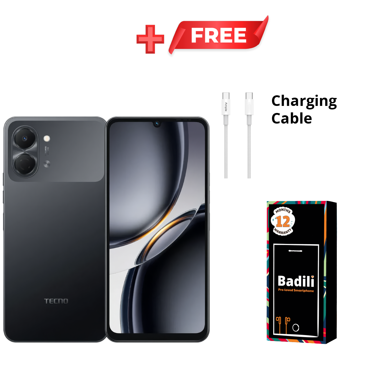 Tecno Pop 20 Phone, 4GB RAM, 64GB Storage, Black, Android Smartphone, 6.75" 120Hz Display, 5000mAh Battery, Dual SIM, 4G LTE, Refurbished by Badili, 1-Year Warranty