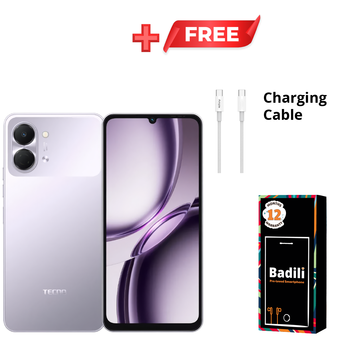 Tecno Pop 20 Phone, 4GB RAM, 64GB Storage, Purple, Android Smartphone, 6.75" 120Hz Display, 5000mAh Battery, Dual SIM, 4G LTE, Refurbished by Badili, 1-Year Warranty