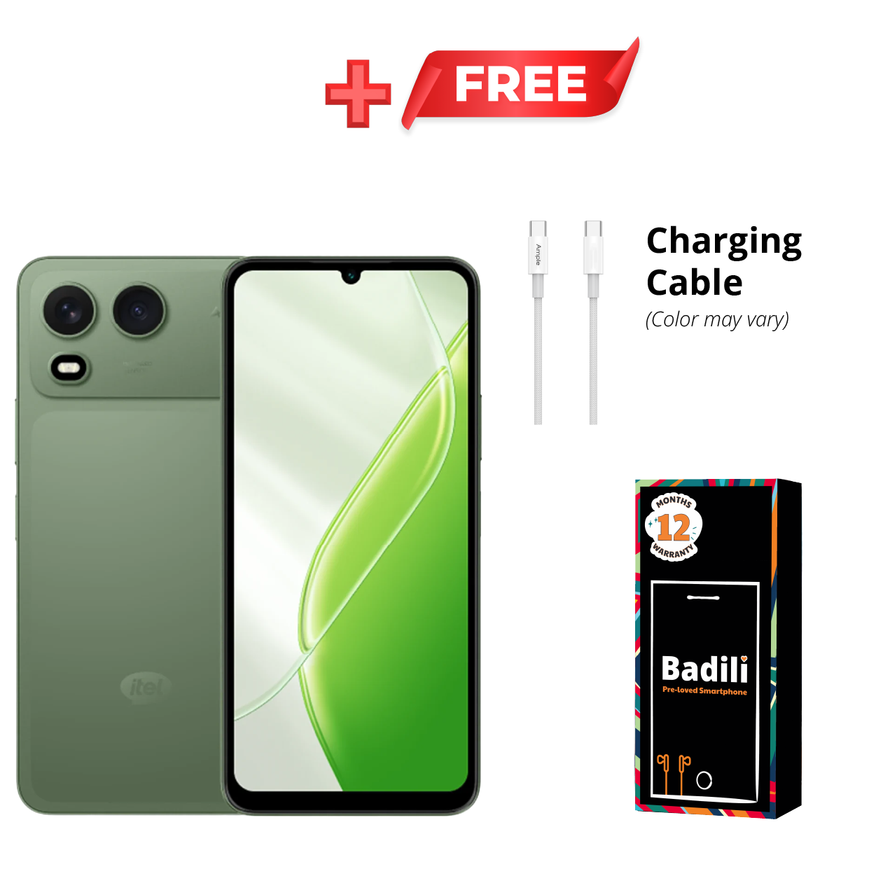 Itel A200 Phone, 3GB RAM, 64GB Storage, Green,  Android Smartphone, 13MP AI Camera, 5MP Selfie Camera, 6.75" 120Hz Display, 5000mAh Battery, 4G LTE, Dual SIM, Refurbished by Badili, Warranty-1yr