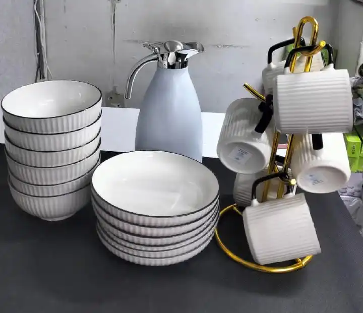 19-Piece Black & White Dinner Set – 6 Cups, 6 Ceramic Plates, 6 Bowls + 2L Elegant Flask | Stylish Breakable Dinnerware Set for Home Dining & Serving