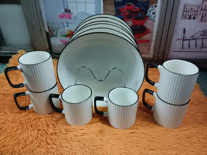 High Quality Ceramic 12-Piece Japanese Dinner Set – 6 Dinner Plates & 6 Mugs, Elegant Luxury Dining Set for Home, Family & Guest Serving
