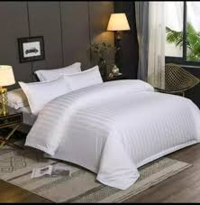 6x6 Striped Cotton Duvet Cover Set White 4 Pcs Soft Breathable Bedding Set (1 Duvet Cover, 1 Bedsheet & 2 Pillowcases) Durable Cotton Bed Linen Set for Bedroom Home Guest Room Stylish Comfortable Slee