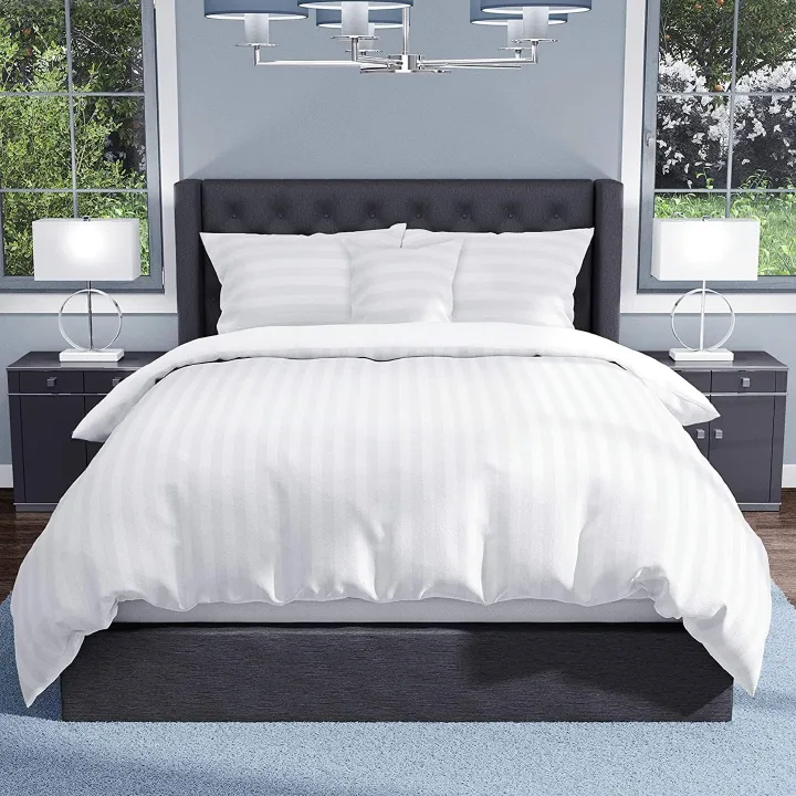 6x6 Striped Cotton Duvet Cover Set White 4 Pcs Soft Breathable Bedding Set (1 Duvet Cover, 1 Bedsheet & 2 Pillowcases) Durable Cotton Bed Linen Set for Bedroom Home Guest Room Stylish Comfortable Slee