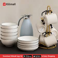 19-Piece Black & White Dinner Set – 6 Cups, 6 Ceramic Plates, 6 Bowls + 2L Elegant Flask | Stylish Breakable Dinnerware Set for Home Dining & Serving