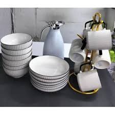 19-Piece Black & White Dinner Set – 6 Cups, 6 Ceramic Plates, 6 Bowls + 2L Elegant Flask | Stylish Breakable Dinnerware Set for Home Dining & Serving