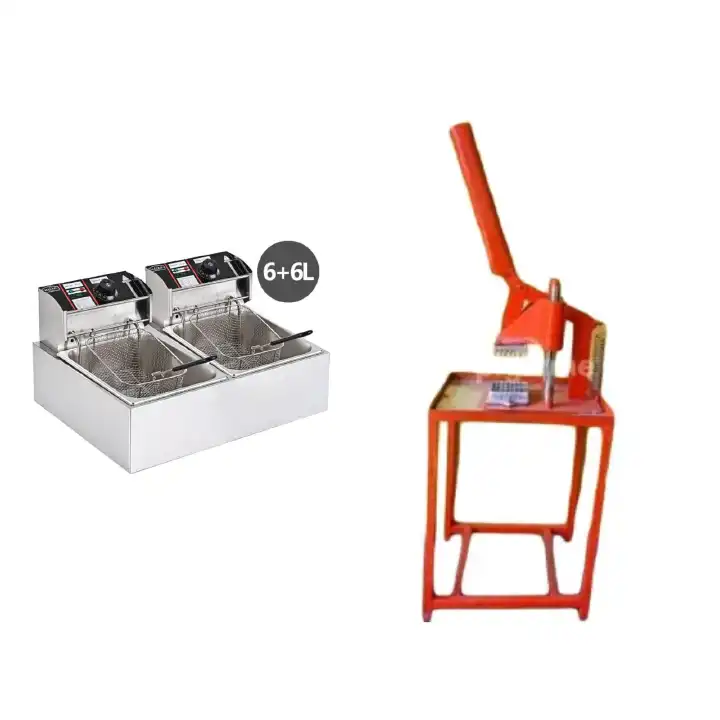 Ultimate Frying Bundle – Double Deep Fryer + Commercial Chips Cutter + Extension Cable, High-Capacity Fast Heating Frying Set for Crispy Chips, Chicken & Snacks (Home & Commercial Use)