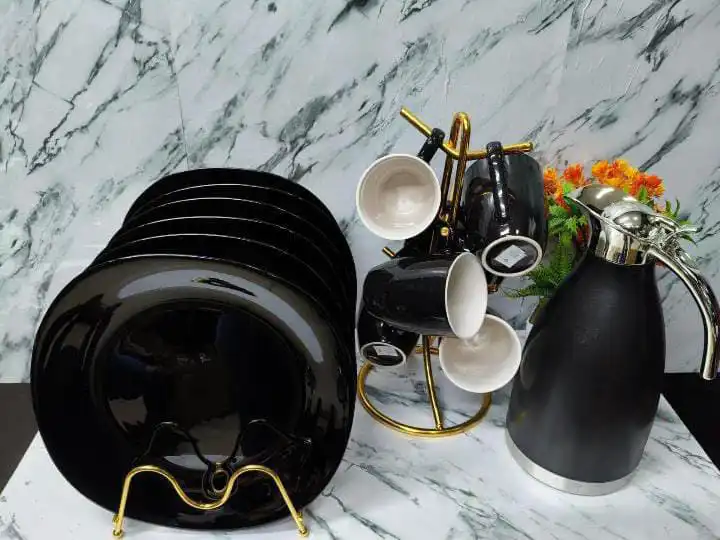 13-Piece Ceramic Dinner Set with 2L Unbreakable Flask – Elegant Dining Set with 6 Square Plates & 6 Strong Cups for Stylish and Practical Home Dining