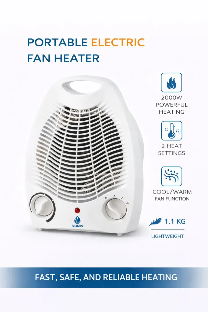 Nunix Room Heater NH01 – Heater and Fan Combined, Portable 2-in-1 Electric Fan Heater with Adjustable Heat Settings & Overheat Protection for Home, Office & Bedroom Use