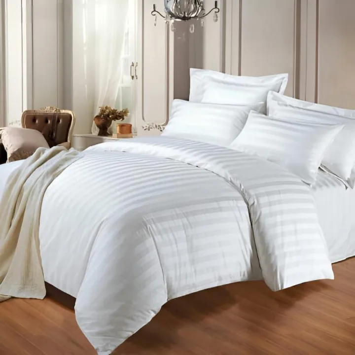 6x6 Striped Cotton Duvet Cover Set White 4 Pcs Soft Breathable Bedding Set (1 Duvet Cover, 1 Bedsheet & 2 Pillowcases) Durable Cotton Bed Linen Set for Bedroom Home Guest Room Stylish Comfortable Slee