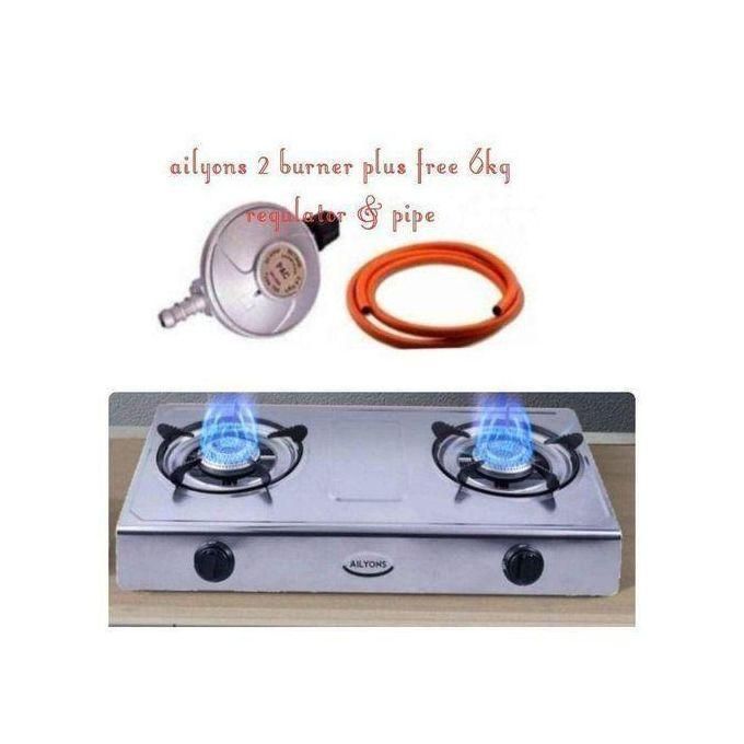 ‼️‼️AILYONS Automatic ignition Table Top Stainless Steel 2 Burner Gas Cooker Plus 6kg Regulator And Pipe✔️✔️Featuring automatic ignition, this stainless steel gas cooker lights up instantly—no need fo