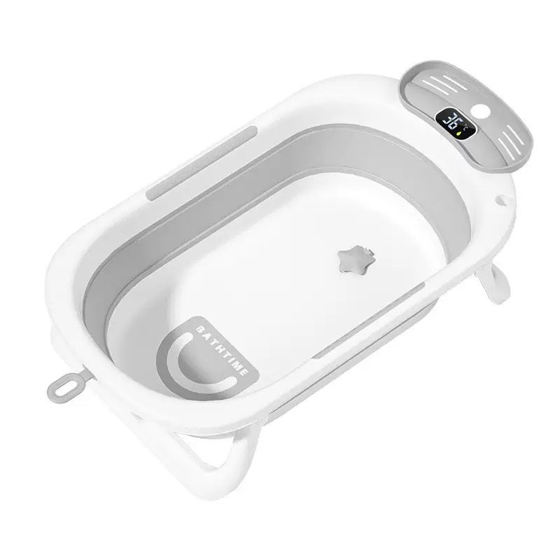 7 in 1 Foldable baby bathtub set with inbuilt thermometer includes a foldable bathtub, folding basins, a floating mat, and a bath net.
