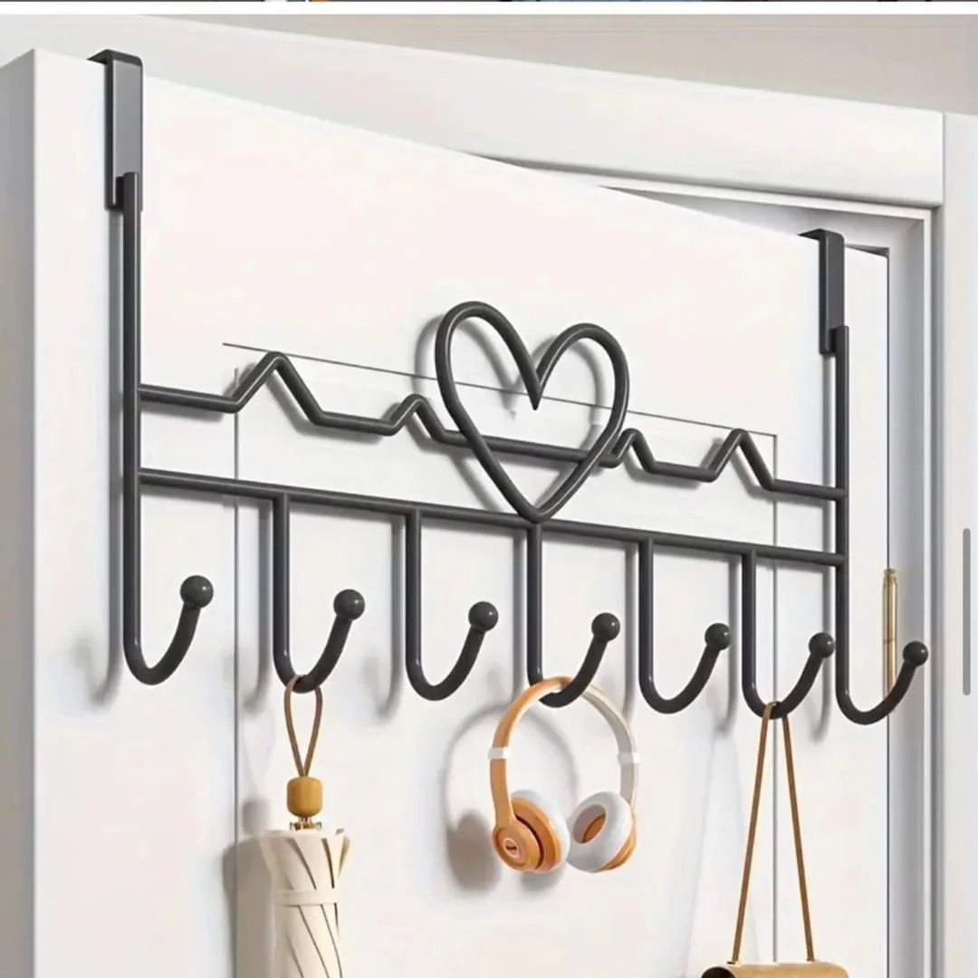 7 Hook Heavy Duty Over Door Hanger - Carbon Steel, Black - Easy Install for Bedroom, Kitchen, Bathroom