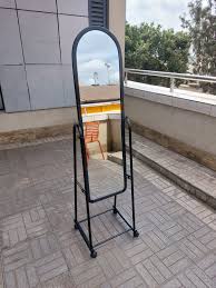 Black Full Length Dressing Mirror with Wheels and shoes Rack/Arched Full-Length Portable Dressing Mirror with Wheels