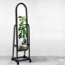 Black Full Length Dressing Mirror with Wheels and shoes Rack/Arched Full-Length Portable Dressing Mirror with Wheels