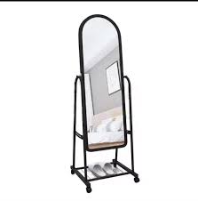 Black Full Length Dressing Mirror with Wheels and shoes Rack/Arched Full-Length Portable Dressing Mirror with Wheels
