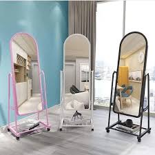 Black Full Length Dressing Mirror with Wheels and shoes Rack/Arched Full-Length Portable Dressing Mirror with Wheels