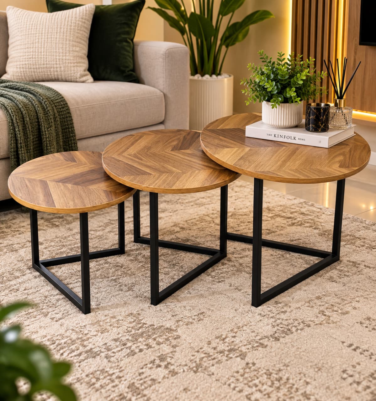 3-in-1 Round Wooden Chevron Nesting Coffee Table Set