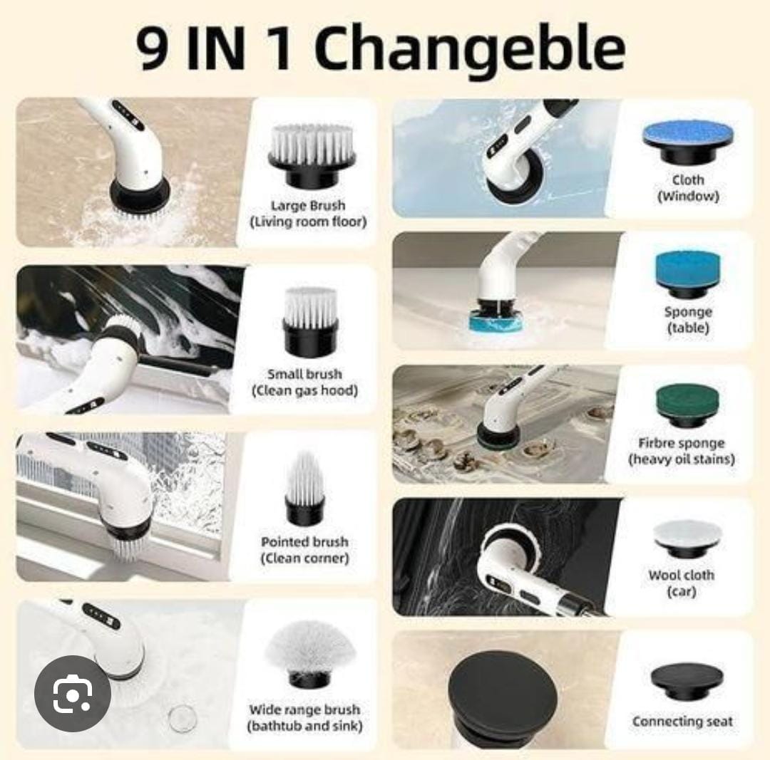 9-in-1 Cordless Multifunctional Electric Spin Scrubber Kit with an extendable handle and multiple interchangeable brush heads.