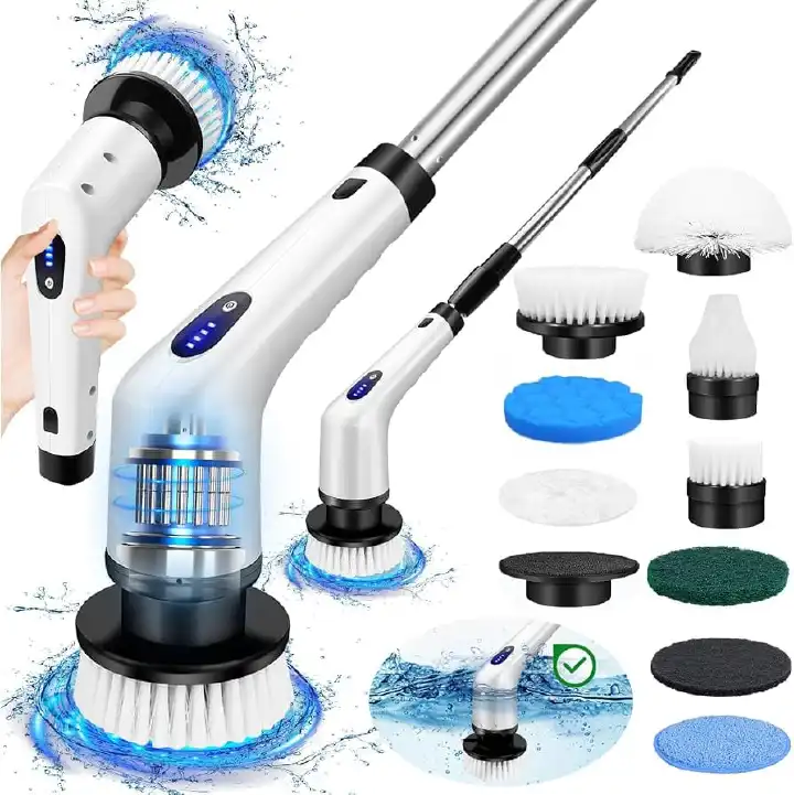 9-in-1 Cordless Multifunctional Electric Spin Scrubber Kit with an extendable handle and multiple interchangeable brush heads.