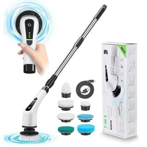 9-in-1 Cordless Multifunctional Electric Spin Scrubber Kit with an extendable handle and multiple interchangeable brush heads.