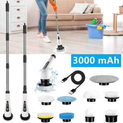 9-in-1 Cordless Multifunctional Electric Spin Scrubber Kit with an extendable handle and multiple interchangeable brush heads.